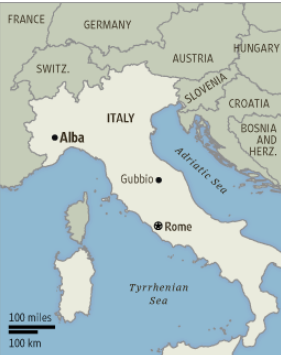 Map of Italy showing the locations of Alba, Gubbio, and Rome